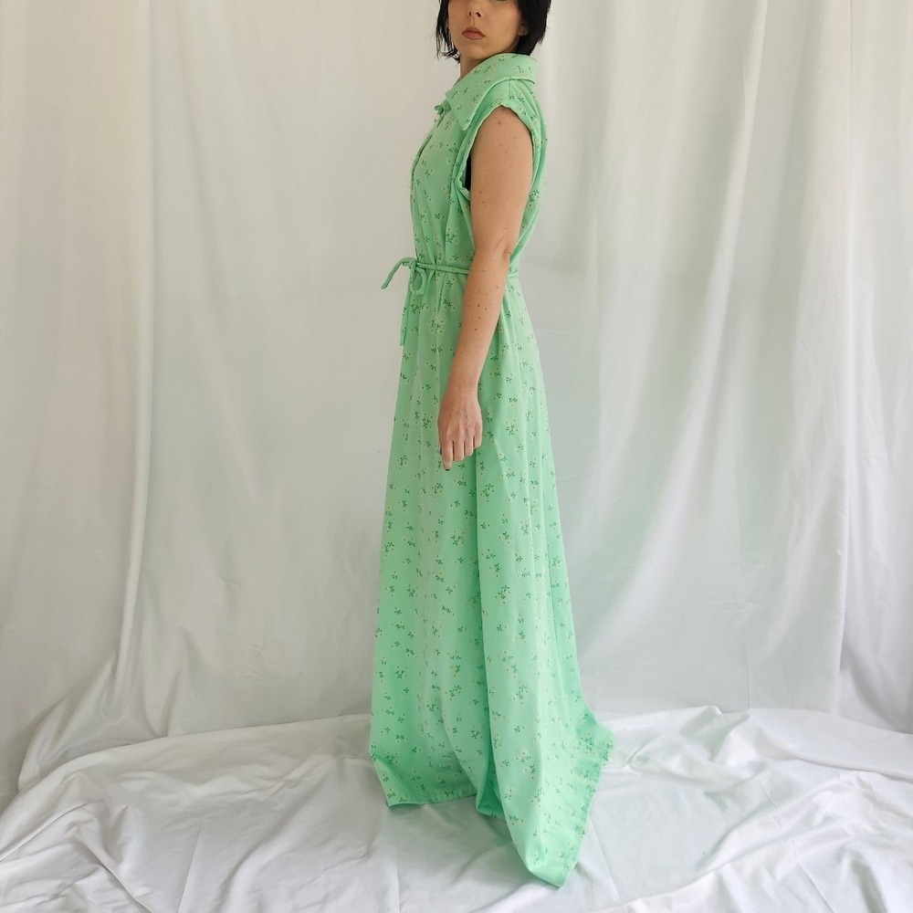 70s Home Made Green Floral Sleeveless Maxi Dress - Picture 2 of 5